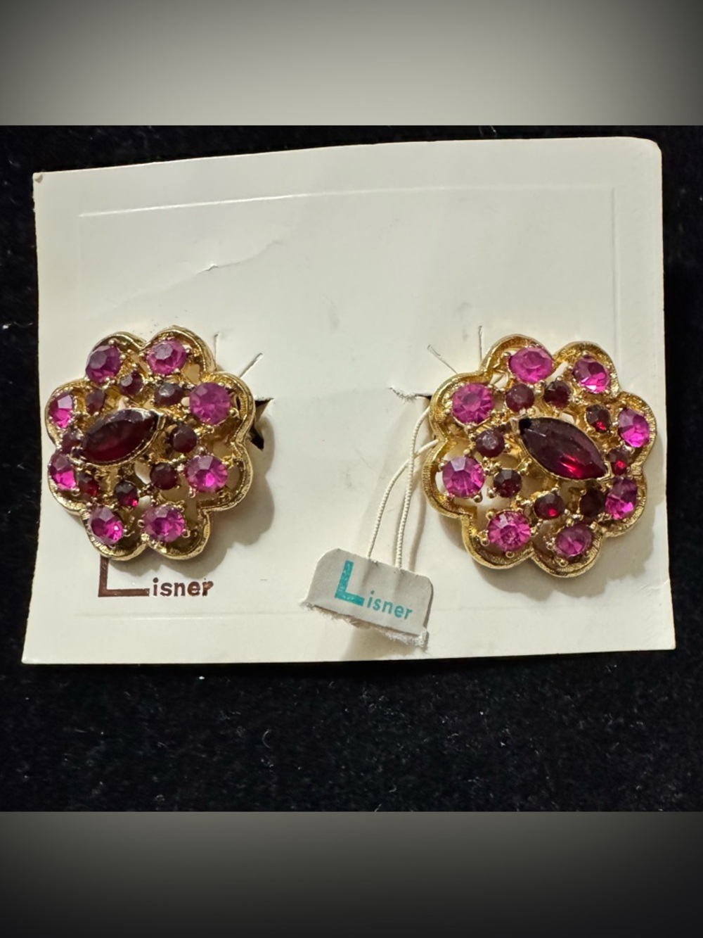 Vintage Lisner Pink Crystal Floral Gold-Tone Clip Earrings